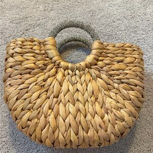 Woven Tan Handbag with Beaded Handles
